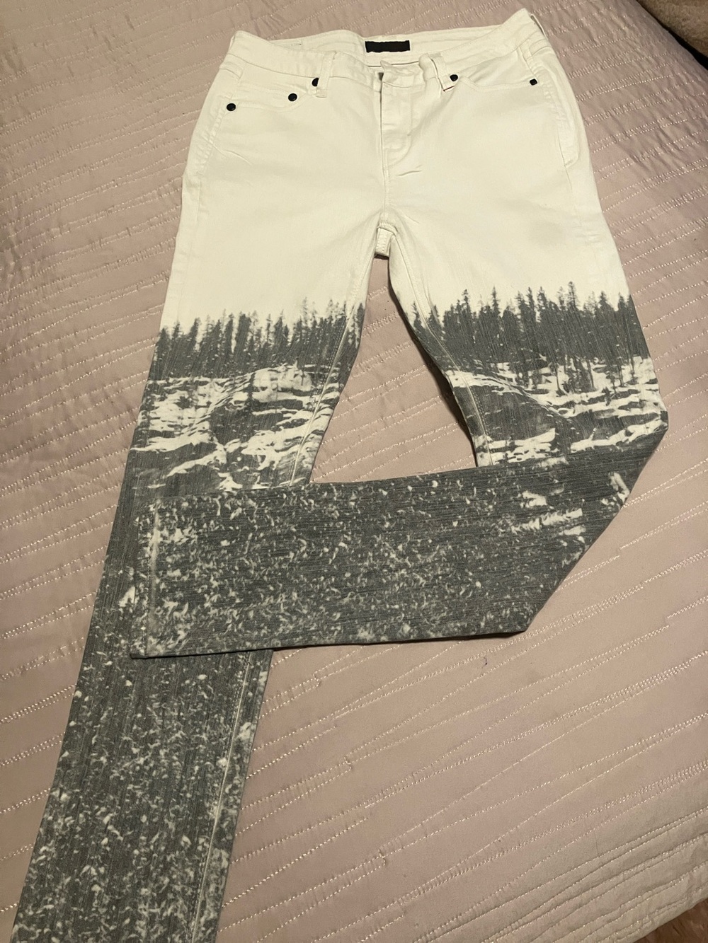 Comune White and Gray Scenic  Trees Print Jeans